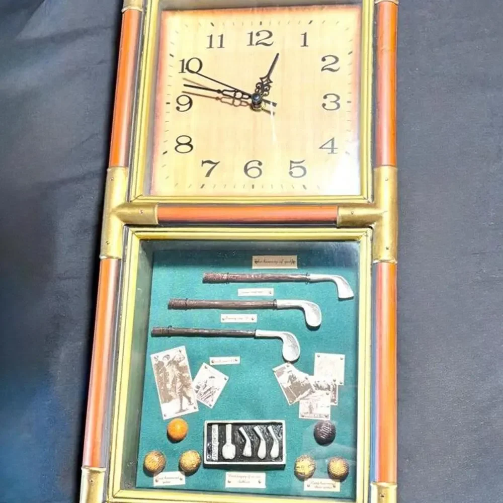Vintage Looking Shadowbox Wood And Brass Accent Clock History Of Golf. 19